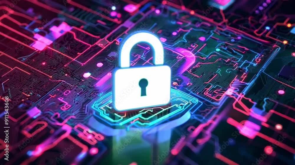 Poster lock icon on circuit pattern, concept of digital data safety and cyber security in dark glowing back