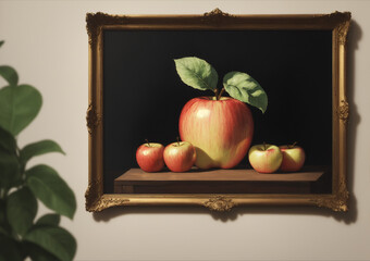 apples on a painting surrounded by a gilded gold grame in a plain room