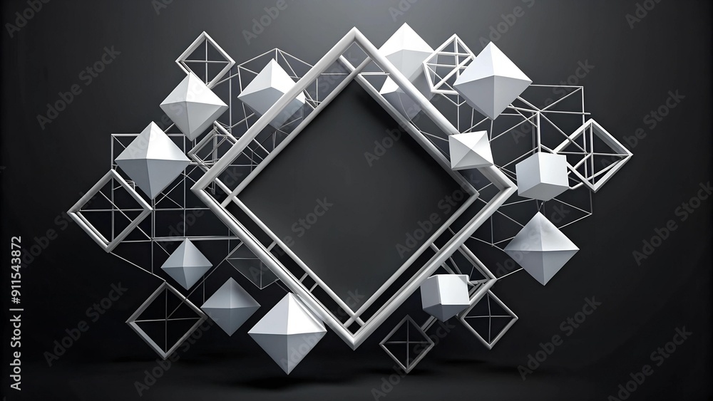 Poster abstract white geometric shapes on a black background generative ai