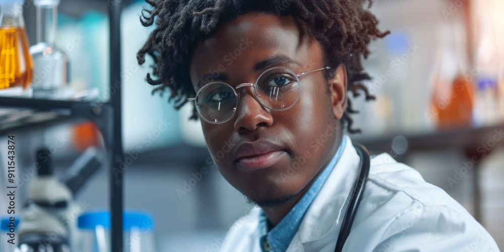 Poster focused gaze of an afro-latino scientist sharing insights with the viewer.