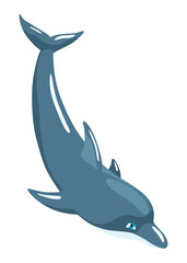 Dolphin cartoon character. Ocean mammal in motion isolated on white. Wild nature animal.  illustration of sea life blue fish