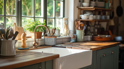 Show a large, ceramic farmhouse sink in a cozy, rustic kitchen, with wooden countertops, vintage accessories, and dishes being washed by hand, creating a warm and inviting atmosphere.