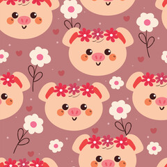 seamless pattern cartoon pig and flower. cute animal wallpaper for fabric print, gift wrap paper