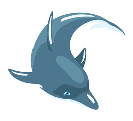 Dolphin cartoon character. Ocean mammal in motion isolated on white. Wild nature animal.  illustration of sea life blue fish