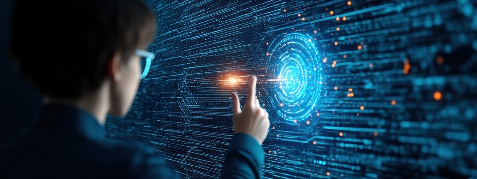 Success, Executive using AI technology, presenting successful AI solutions, in a high-tech office, confident and poised