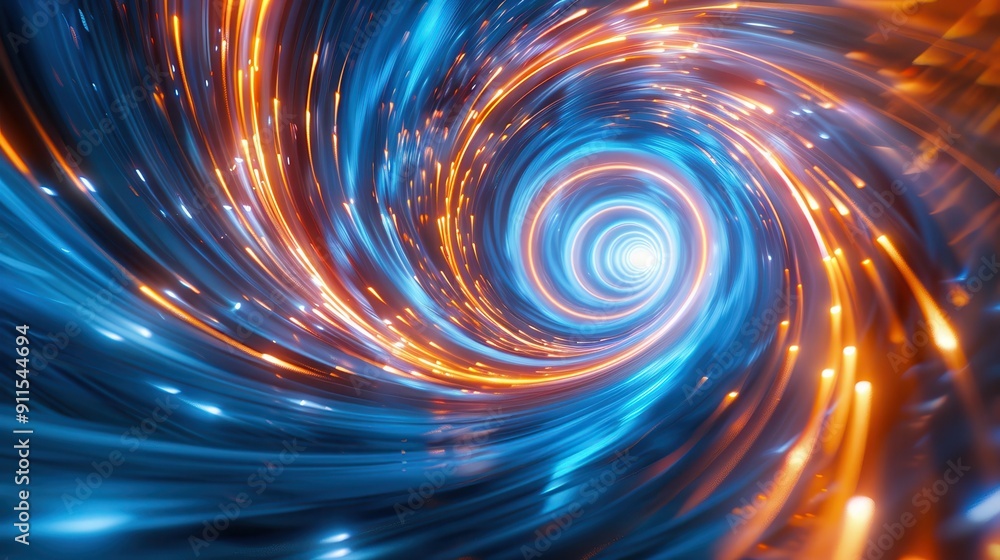 Poster a captivating swirling vortex of blue and orange lights, creating a dynamic illusion of movement and