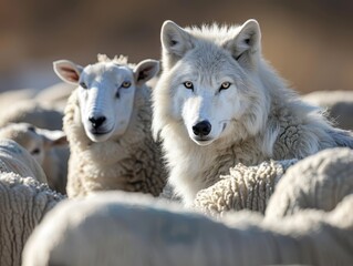 Obraz premium A captivating scene featuring a wolf and sheep in a peaceful harmony, showcasing nature's fascinating relationships.