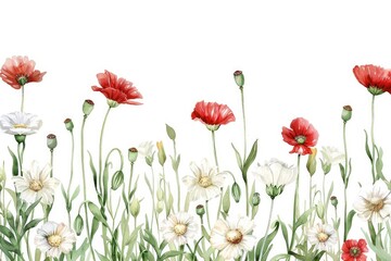 Naklejka premium Soft watercolor botanical border with daisies and poppies in rich shades surrounded by flowing green leaves