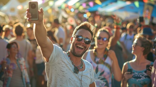 A Vibrant Urban Celebration Captured in a Selfie with a Diverse Group of Friends