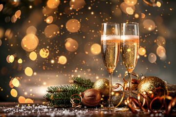 Two elegant champagne flutes sit amidst festive decorations and twinkling lights, creating a magical celebration. Happy New Year