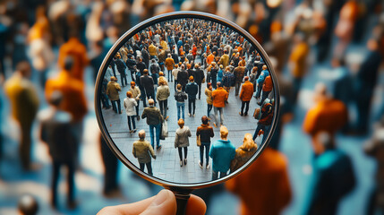 Magnifying glass focusing on diverse crowd.