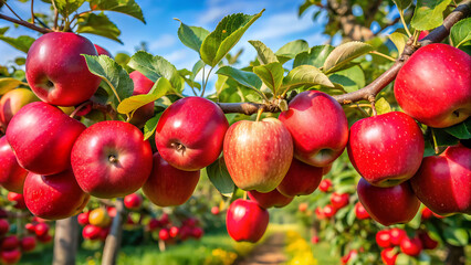 Obraz premium Apple trees in the garden with ripe red apples ready for harvest. 