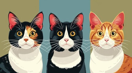 A colorful of three cats with distinct fur patterns, capturing their unique personalities and charm.