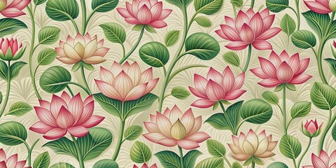 Elegant seamless pattern featuring stylized lotus flowers and lush green leaves on a soft, creamy background, perfect for textiles, wallpaper, and design projects.