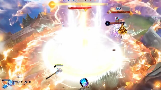 Poster with the word &ldquo;Victory!&rdquo; appearing after the opposing team's nexus explodes in a MOBA video game. war, explosion, video, game, pc, online, cyberspace, professional, stream, system, internet