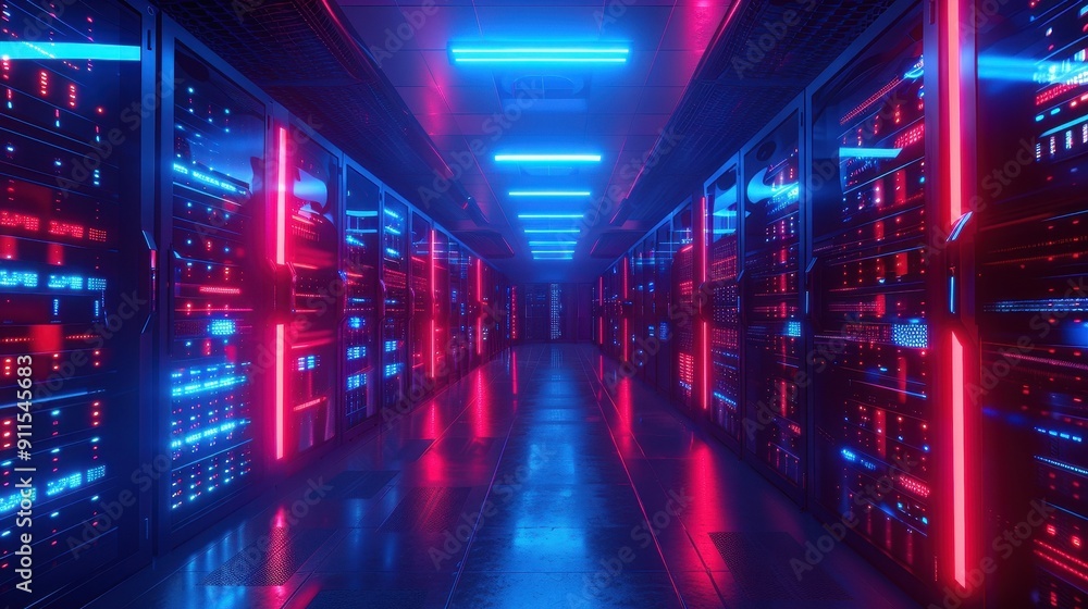 Poster a futuristic data center featuring rows of servers illuminated by vibrant blue and red lights, creat