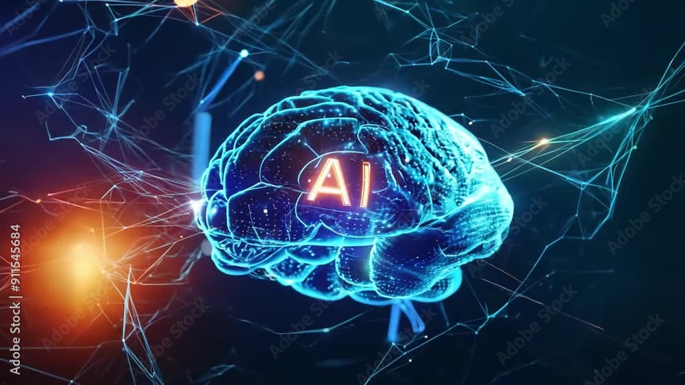 Aufkleber artificial intelligence concept with ai brain on dark background, glowing digital data connections i
