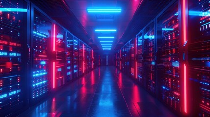 Fototapeta premium A futuristic data center featuring rows of servers illuminated by vibrant blue and red lights, creating a high-tech atmosphere.