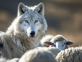 Obraz premium A majestic wolf gazes intently at a sheep, showcasing a captivating moment in nature's delicate balance.