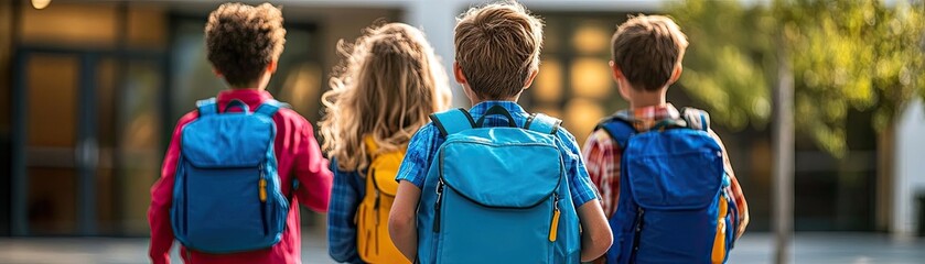 Obraz premium Four children with colorful backpacks walking together towards school, enjoying a sunny day of friendship and adventure.