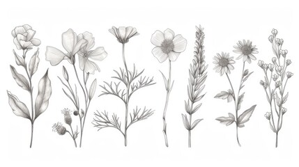 Botanical illustrations, featuring various plants and flowers with detailed line work