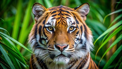 Obraz premium A Majestic Tiger's Emerald Eye Piercing Through the Lush Jungle Canopy AI Generated