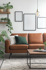 Frame mockups and green plants | Modern living room with Brown leather sofa, wooden shelf and geometric rug | Minimalist design with cozy atmosphere | Bright background
