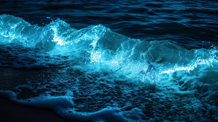 Show bioluminescent waves glowing in the dark, with the water lighting up with a magical blue-green light as it moves, creating an enchanting and surreal effect. 