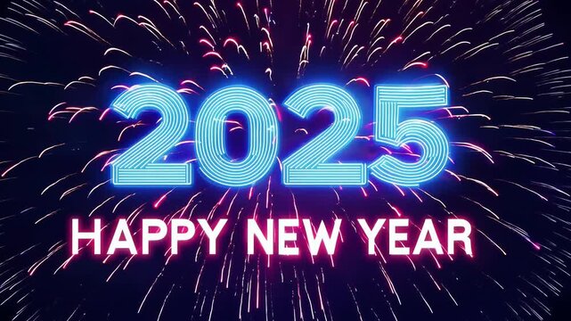 "2025" happy new year animated text, new year 2025, neon numbers, night sky. Fireworks in the background. glowing, exploding, numbers, holidays, anniversary, countdown, happy new year, text, calendar