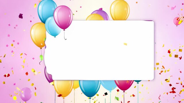 Colorful birthday or party invitation card with colorful balloons and confetti. Ideal for invitations or flyers. Video with copy space. invite, birth, celebrate, balloon, empty, border, anniversary