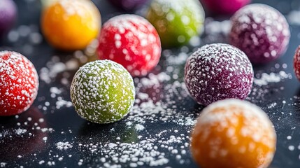 Obraz premium Exquisite Close-Up of Colorful Fruit Truffles: A Luxurious Poster for Your Sports Interior, Showcasing Vibrant Red, Green, Orange, and Purple Treats on Dark Marble with a Touch of Powdered Sugar
