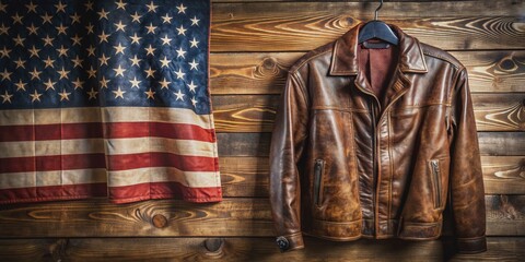 Patriotic scenery featuring an empty leather jacket and American flag on a rustic wooden table with a single I Voted sticker waiting to be worn.