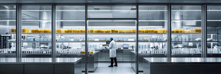 A man wearing a lab coat is standing in a wellequipped laboratory