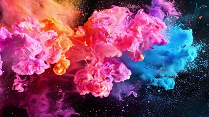Colorful powder explosion on black background, burst of pink, orange and blue colors - Powered by Adobe