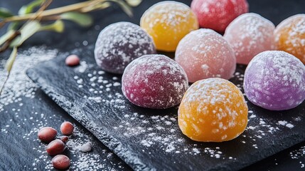 Vibrant Close-Up of Colorful Mochi Balls: A Perfect Poster for a Chic Café or Dessert Shop, Showcasing Shades of Purple, Yellow, Orange, Pink, and Red with Elegant Powdered Sugar Dusting