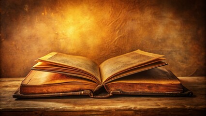 Vintage book with worn leather cover and yellowed pages lies open, revealing blank spaces for adding text or design, against a warm, nostalgic background.