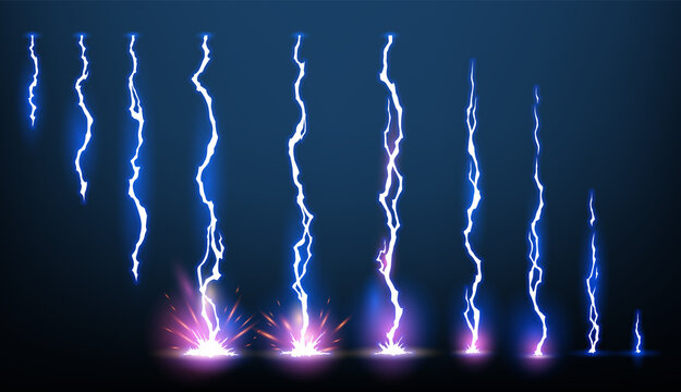 Lightning animation set with sparks. Electricity thunderbolt danger, light electric powerful thunder. Bright energy effect,  illustration