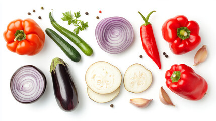 Naklejka premium Vibrant veggies arranged on a white background make a stunning display with sliced eggplant, onion, garlic, and peppers. Overhead shot showcases the beauty of fresh produce.