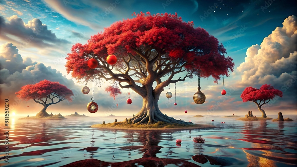Poster a red tree in a world of whimsy and surrealism generative ai