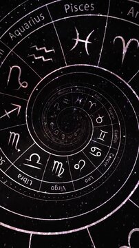 Zodiac astrology signs for horoscope, infinite zoom and tunnel effect on black and white. Good for birth chart or natal chart, future, tarot, prediction. Looped vertical background. Phone wallpaper