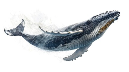 a humpback whale, flying in the air, with water splashing around its tail, against a white background