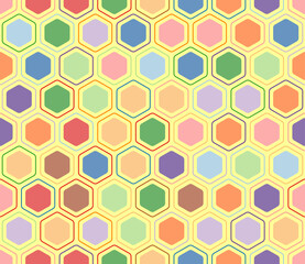 Abstract mosaic hexagon shapes background. Rounded hexagons mosaic pattern with inner solid cells. Honeycomb cells. Multiple tones color palette. Seamless pattern. Tileable vector illustration.