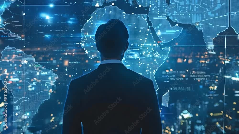 Wall mural businessman views computer images on a dark blue background, representing globe maps and interconnec