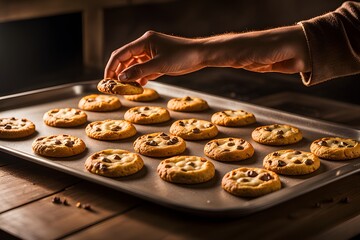 Woman's hand putting chocolate chip cookies on a baking sheet in the oven
