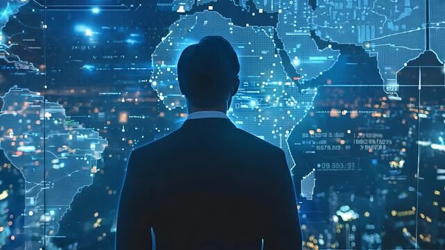 Businessman views computer images on a dark blue background, representing globe maps and interconnected networks.