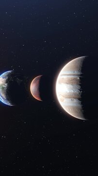 3d planet solar system. Sun, Mercury, Venus, Earth, Mars, Jupiter, Saturn, Uranus, Neptune, Pluto. Planet rotation trajectories. Space journey slowly flying through universe. Vertical phone wallpaper
