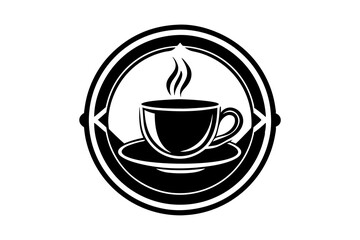 A simple logo for a tea shop with tea cup and saucer silhouette black linocut vector illustration