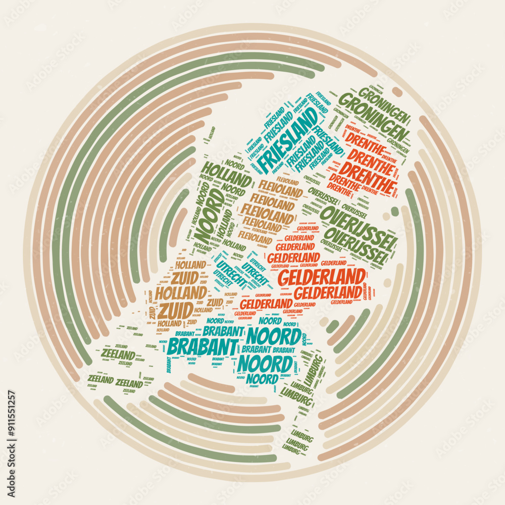 Poster netherlands round poster. typography style image of the country. regions word clouds of the netherla