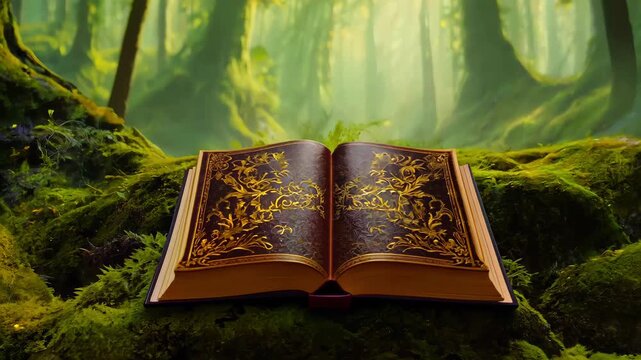 An ancient book with a gold-embossed cover lies open in a lush, enchanted forest, suggesting a world of magic and secrets.