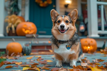 Obraz na płótnie Canvas Corgi dog sitting among colorful autumn leaves and halloween pumpkins, copy space for text